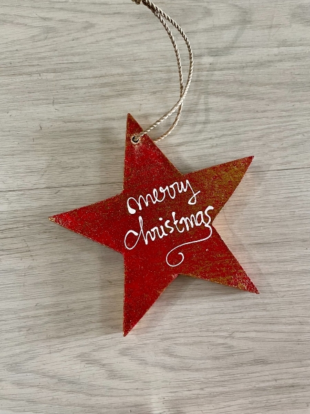 MERRY CHRISTMAS STAR HANGING DECORATION - RED GOLD