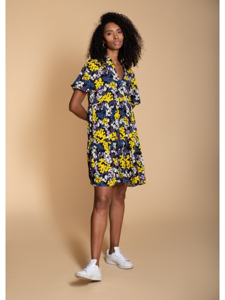 LILIUM SHORT TIERED DRESS - YELLOW DITSY FLORAL