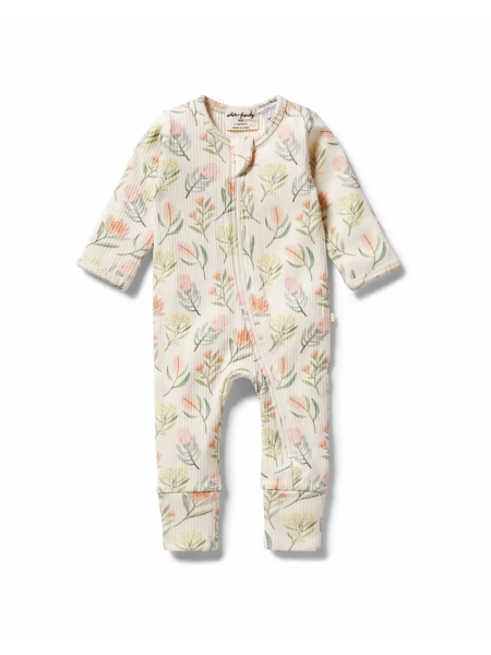 PRETTY FLORAL ORGANIC RIB ZIPSUIT WITH FEET FROM WILSON AND FRENCHY